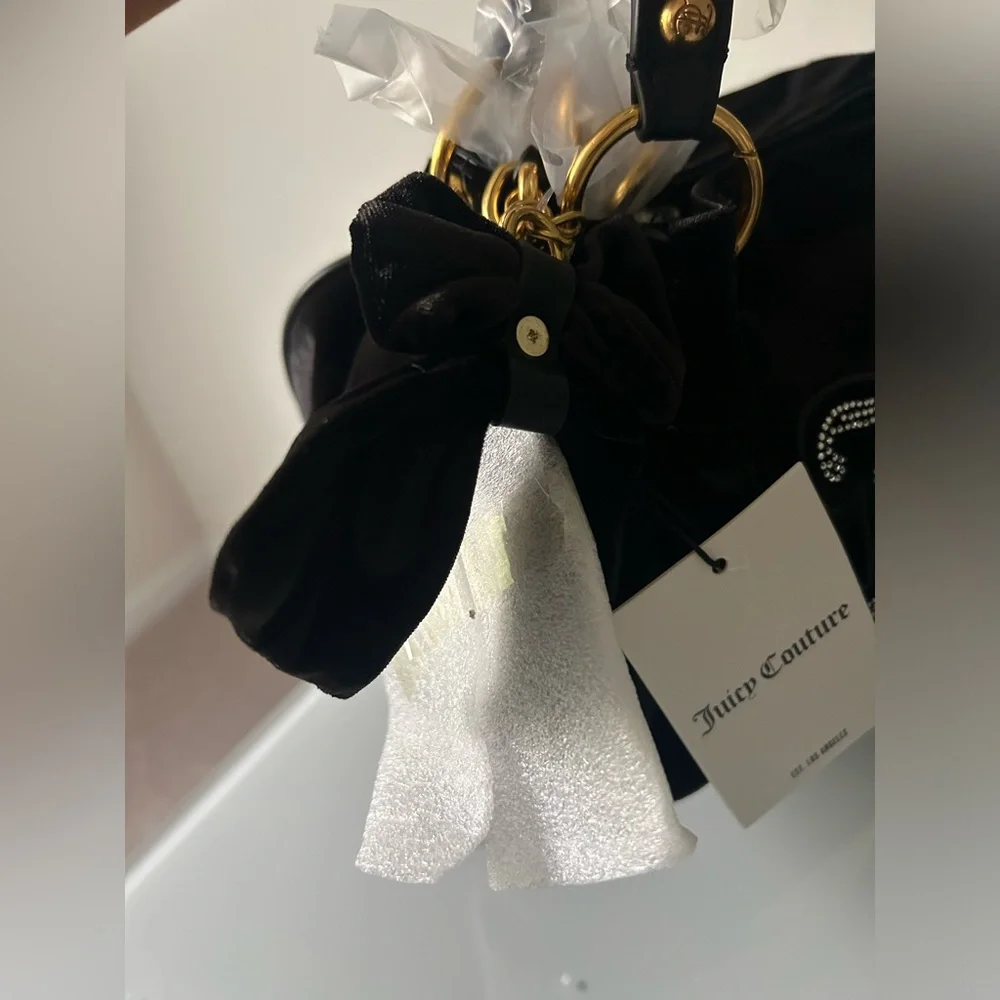 Black velvet rhinestone logo gold hardware satchel Bag
